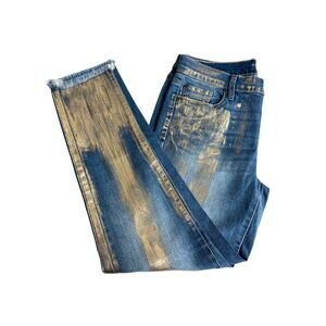 New York & Co Soho Gold Painted jeans boyfriend stretch raw hem Sz 4 NWT